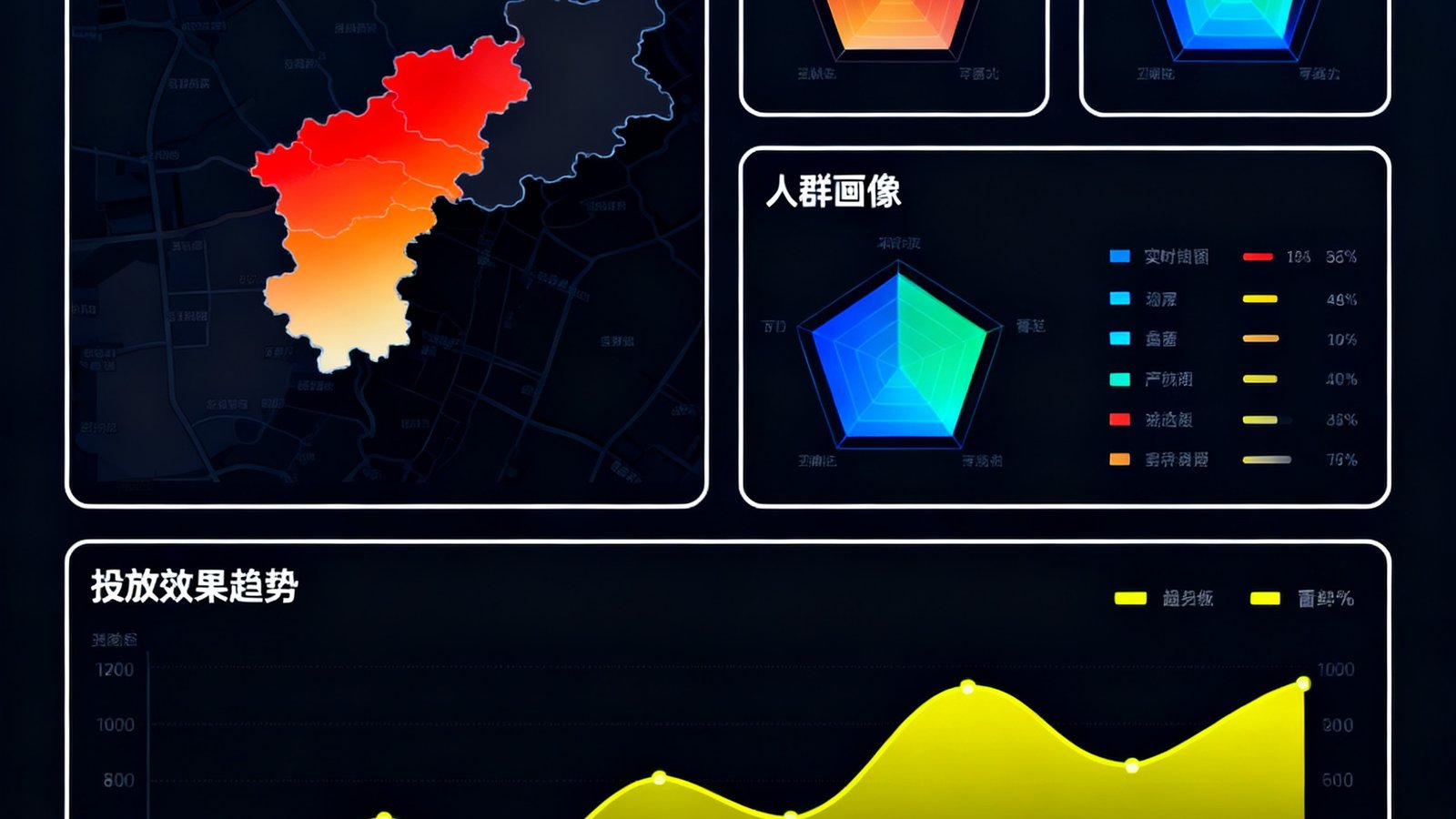 BG视讯天眼AI投放引擎后台数据可视化界面，深色主题仪表盘上展示实时点位分布热力图、人群画像雷达图和投放效果趋势曲线，多组数据模块整齐排列