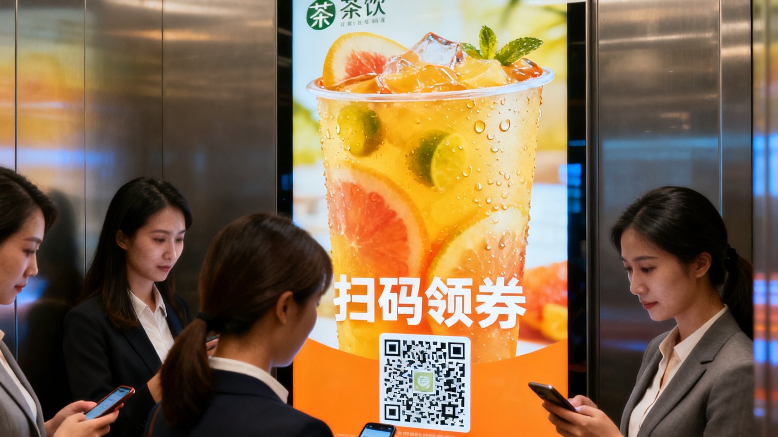 广州珠江新城写字楼电梯间内BG视讯屏幕播放某茶饮品牌夏季新品广告，画面上展示诱人的水果茶特写与扫码领券二维码，屏前几位白领女性正在用手机扫码