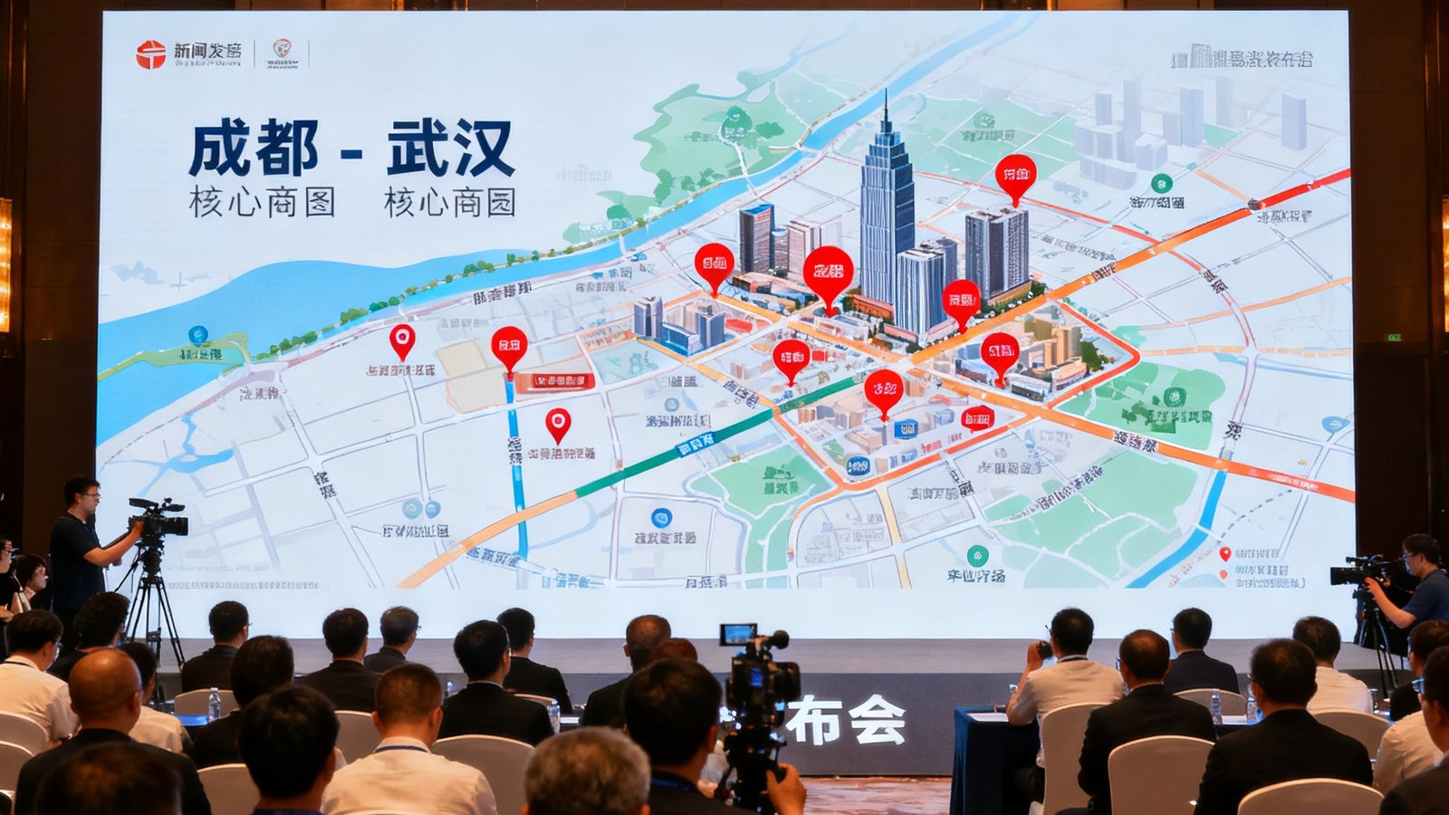 BG视讯成都与武汉新城市点位开通发布会现场，大屏幕上展示两城核心商圈的点位分布地图，台下坐满行业嘉宾与媒体记者