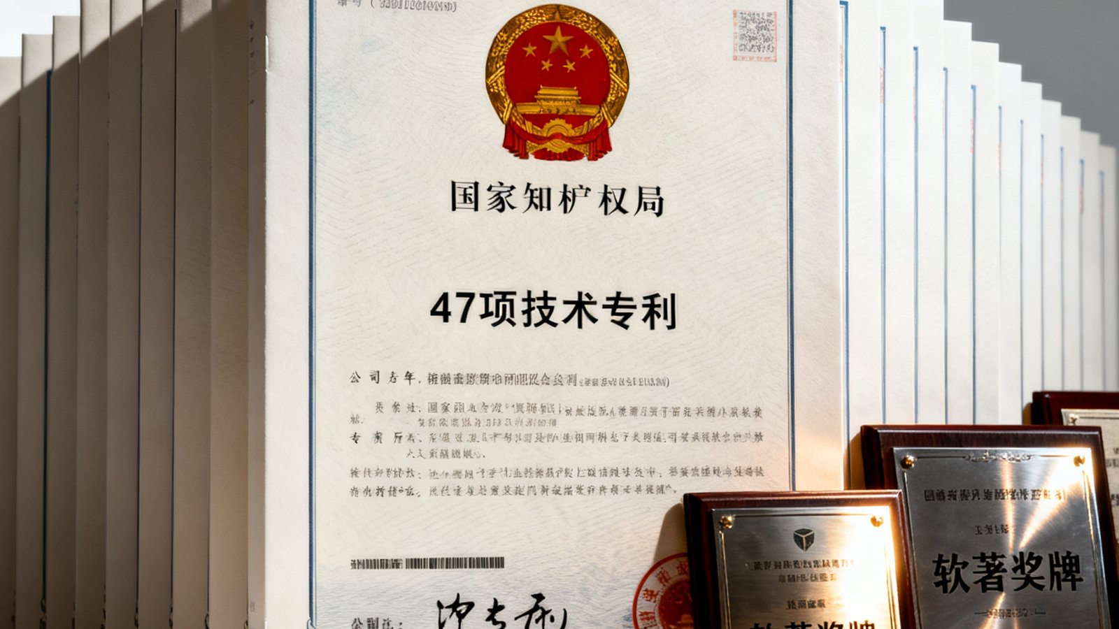 BG视讯第47项技术专利证书的特写照片，证书封面印有国家知识产权局徽章，旁边摆放着公司历年获得的专利与软著奖牌